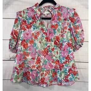 Pinch Floral Short Sleeve Top Size MED Ruffle Collar Pink Red‎ Green